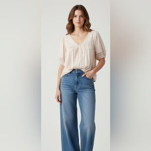 Cream Blouse with Lace Details Boho‎ Bohemian Vibe Size Large